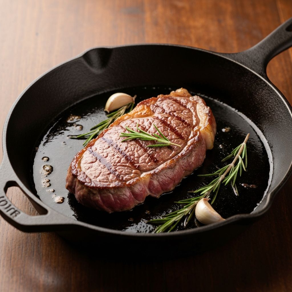 Properly cooked steak in well-seasoned Lodge skillet without sticking