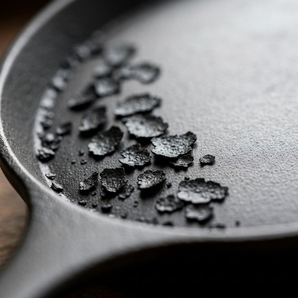 Close-up of flaking seasoning on Lodge cast iron cookware
