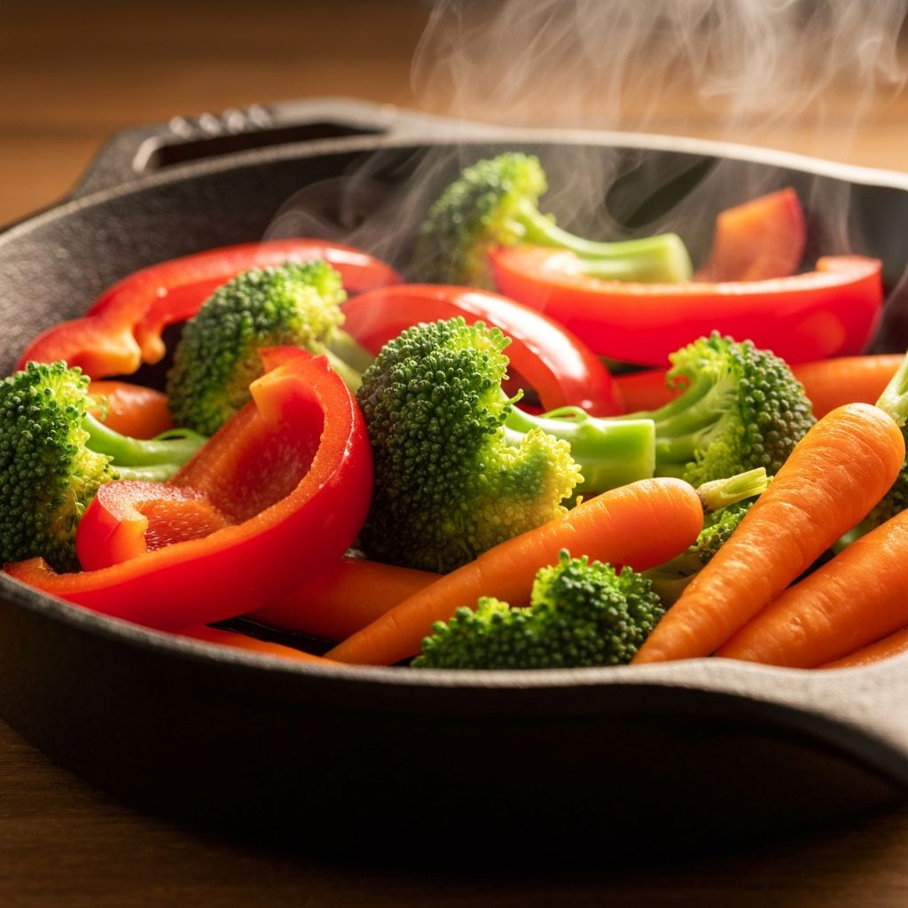 Healthy vegetables cooking in Lodge cast iron skillet